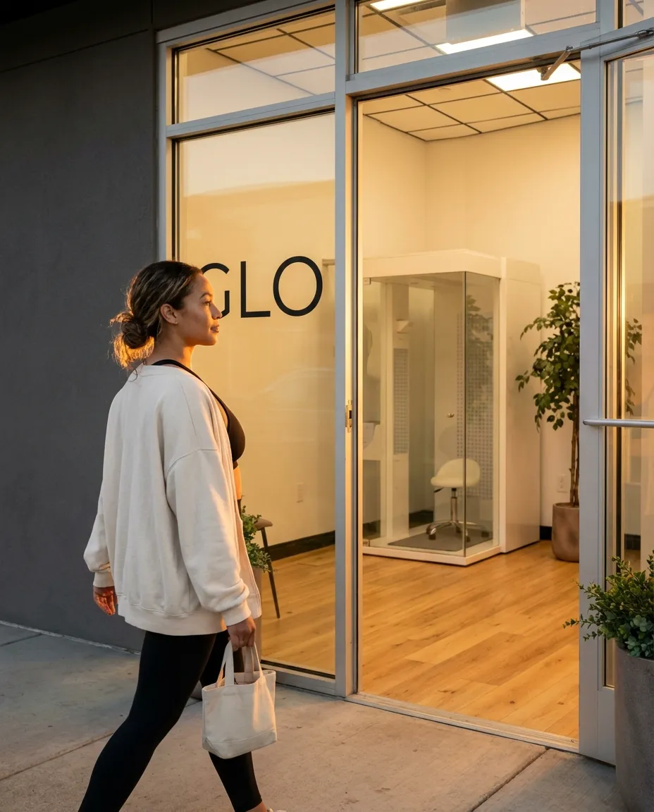 Guest arriving at Glo Wellness Salon for a red light therapy session in Framingham MA
