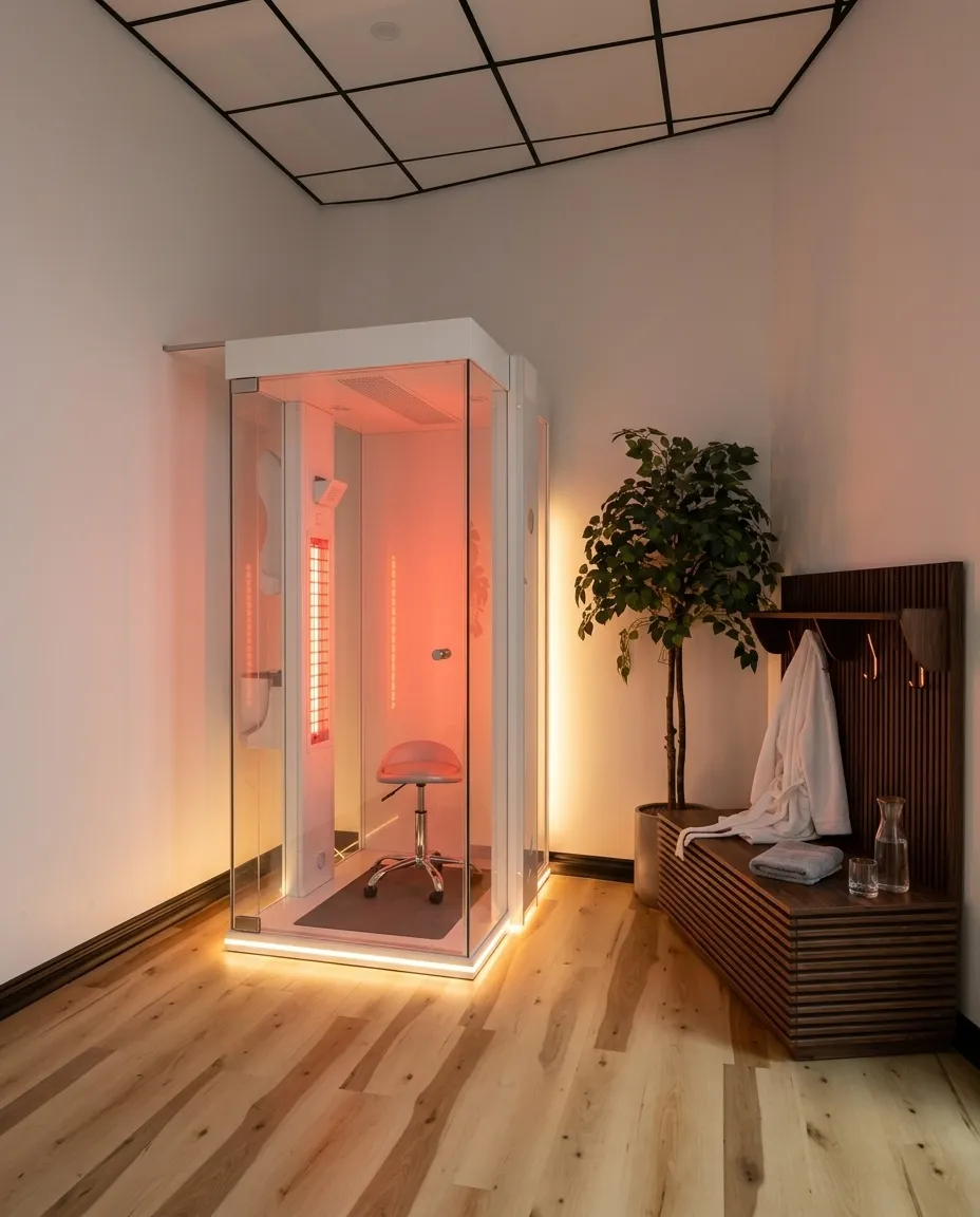 Inside the private Glo red light therapy booth with infrared panels and salt therapy equipment