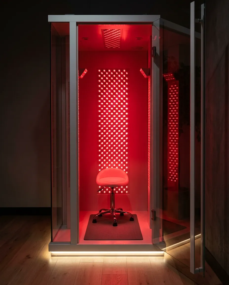 Private infrared red light therapy booth at Glo Wellness Salon with salt and oxygen therapy