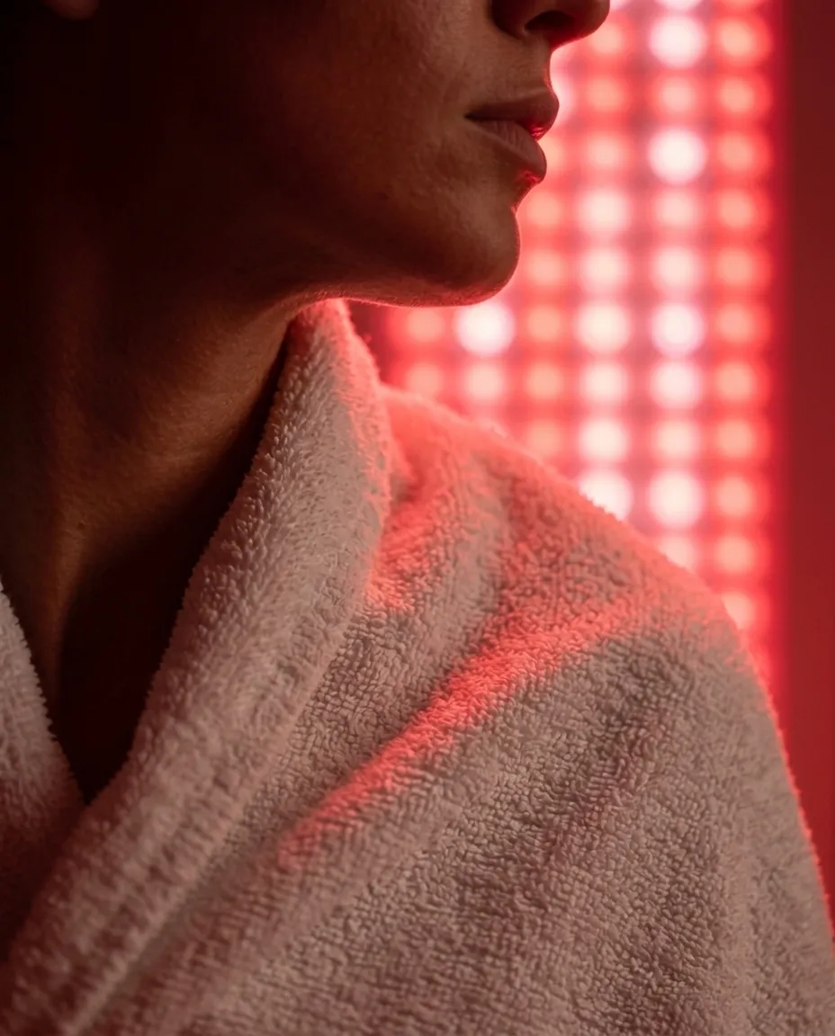 Warm infrared light glowing inside a Glo therapy booth during a 15-minute session